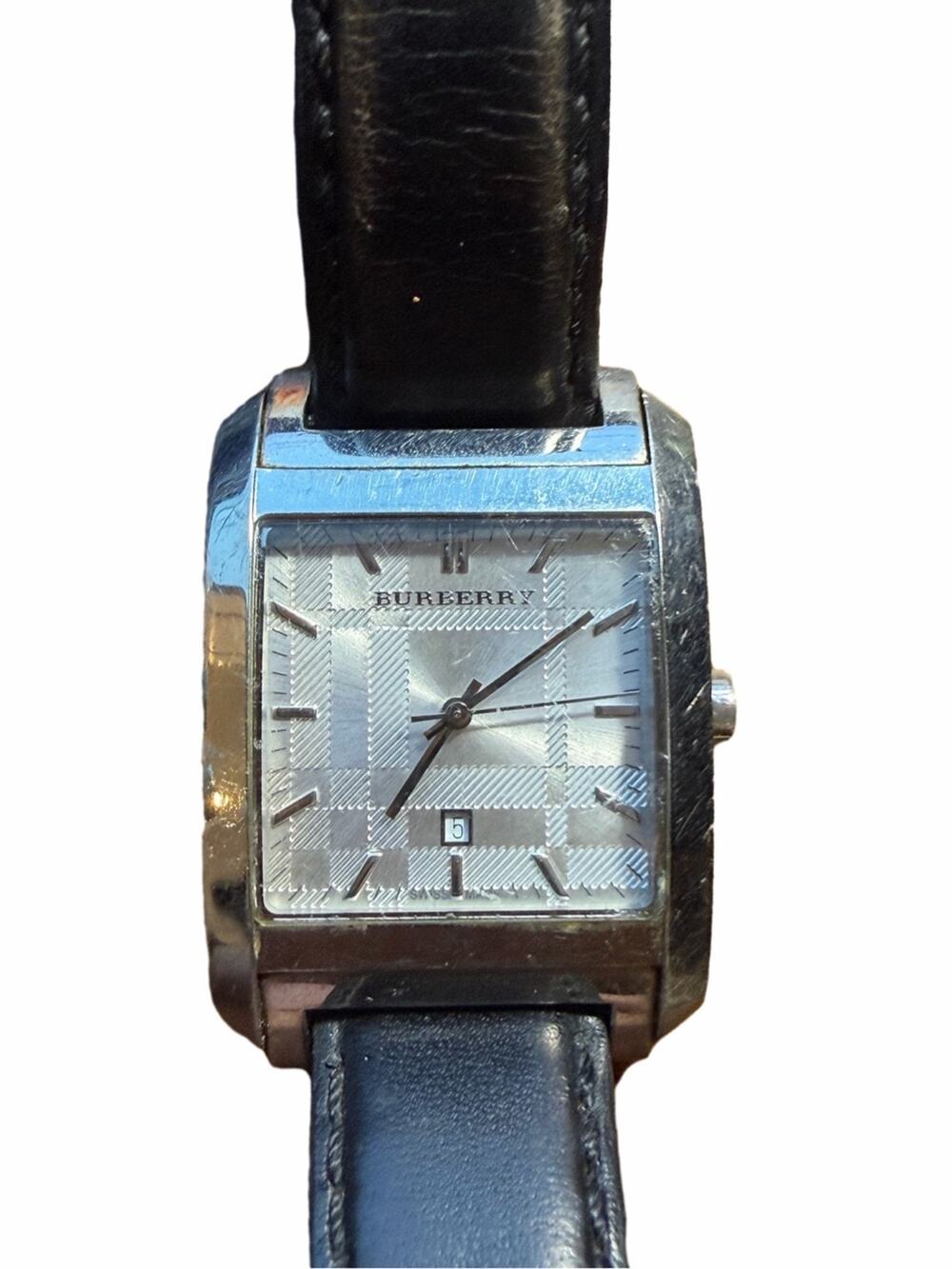 Burberry Men's Watch Square Tank Stainless Steel Black Leather Date